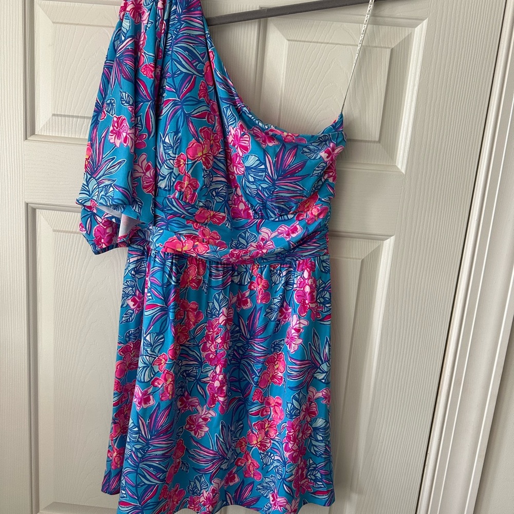 Lilly Pulitzer Blue and Pink Floral One-Shoulder Romper